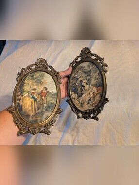 2/110$ Vintage Gold Brass Ornate Oval Wall Art Pair with Pastel Tapestry Scenes